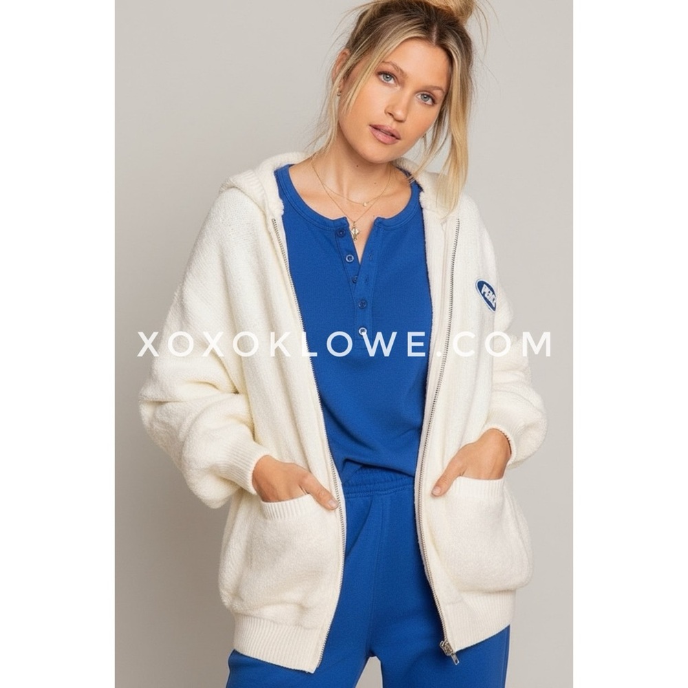 POL Cream Peace Patch Fuzzy Knit Hoodie | Oversized Zip Sweater - Picture 3 of 8